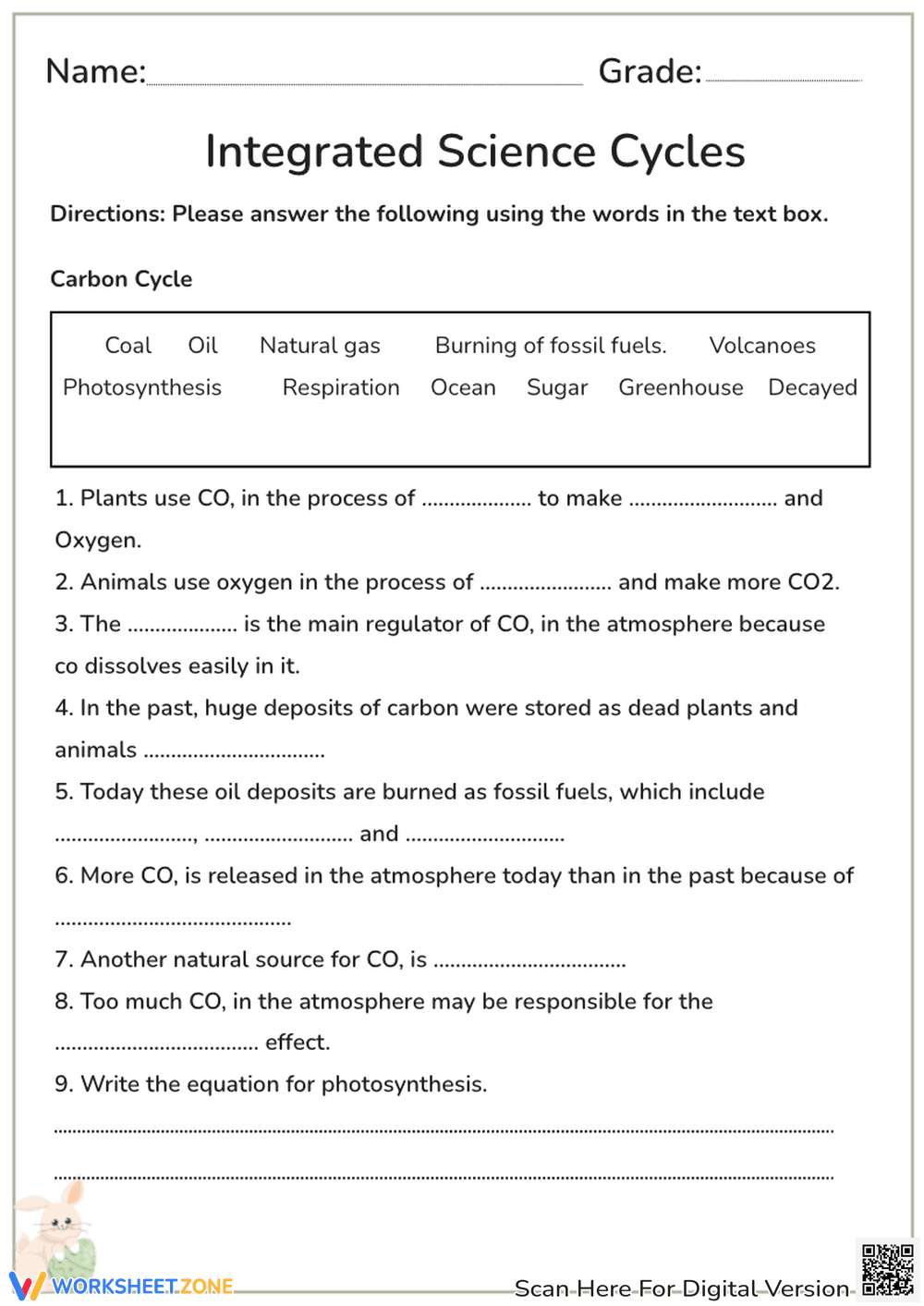 Carbon Cycle Worksheet | Grade 9-10 Essential Science - Page 1