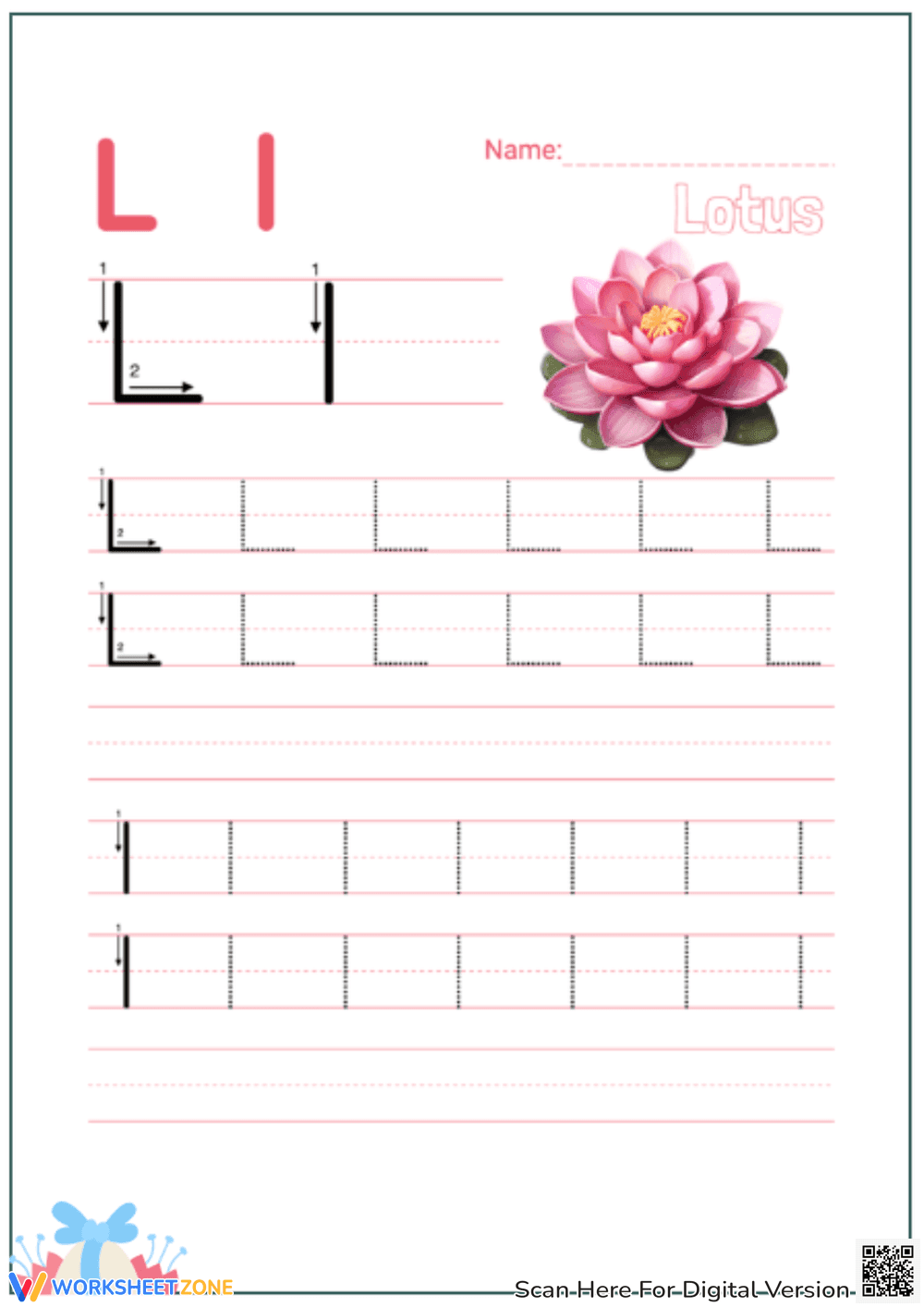 Trace Letter L: Lotus Theme - Handwriting Practice Worksheet - Page 1
