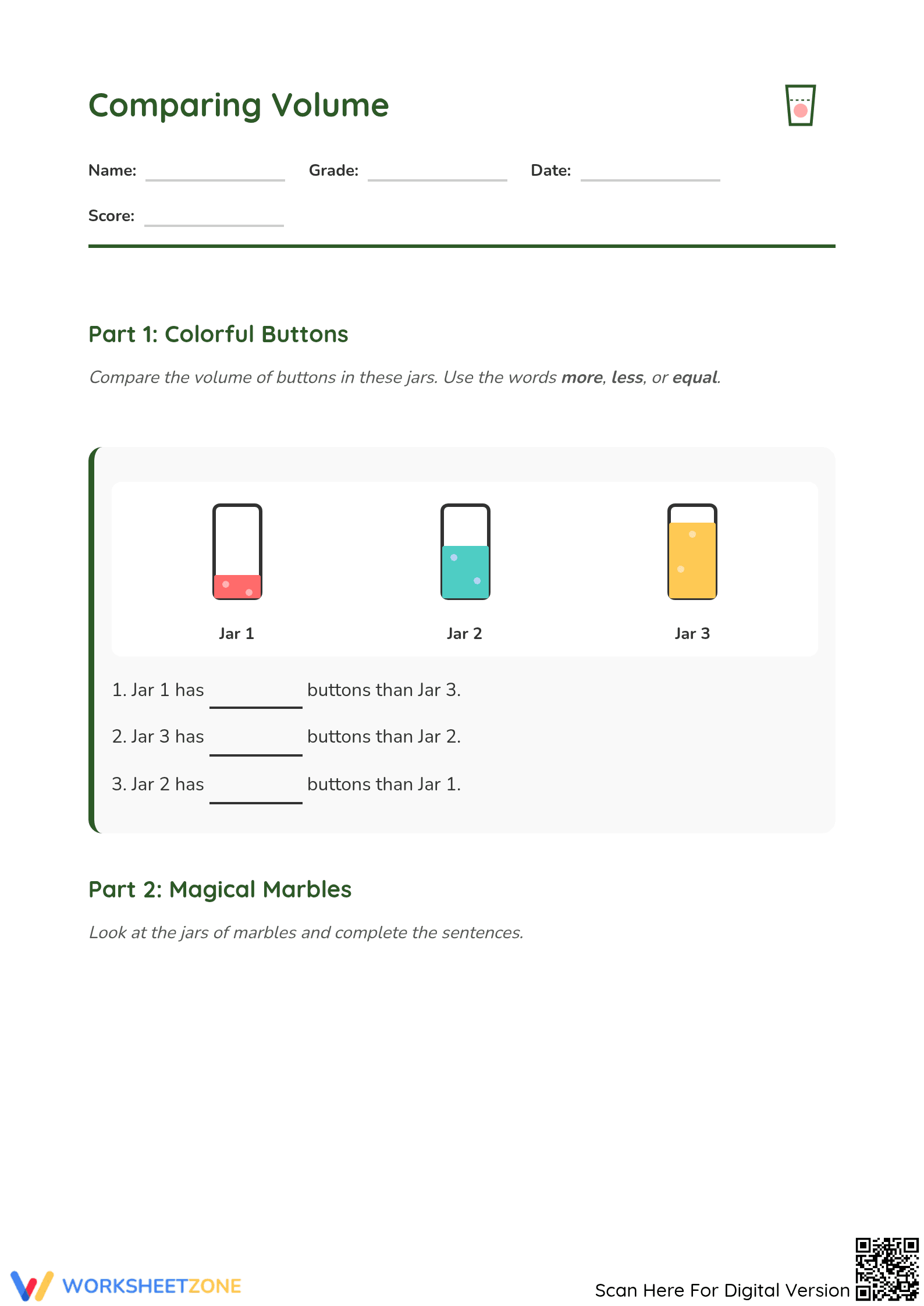 Comparing Volume Worksheet | Grade 3 Math Printable - Page 1