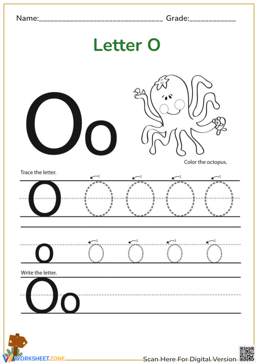Letter O Tracing Worksheet - Octopus & Handwriting Practice - Page 1