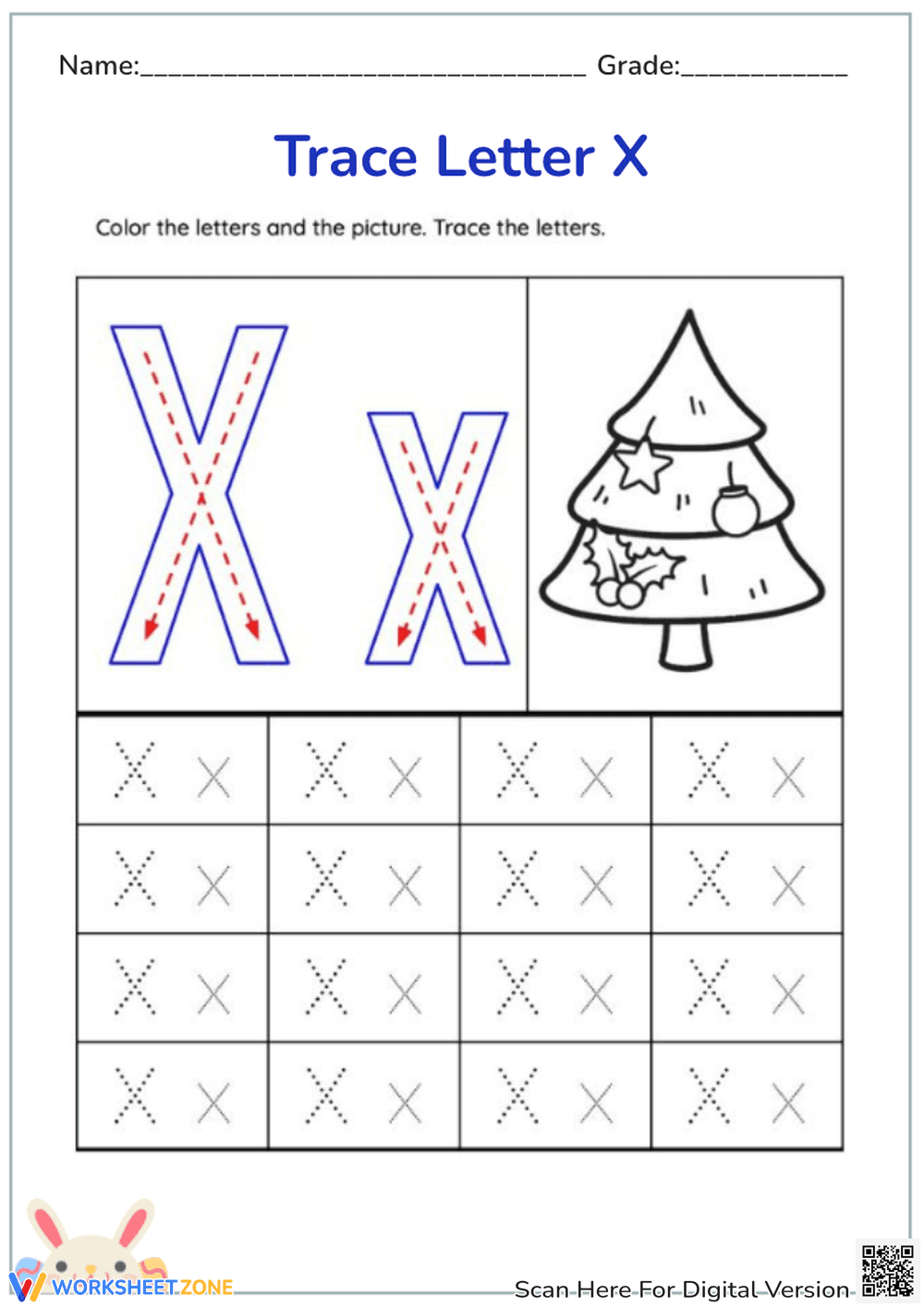 Letter X Tracing Practice - Christmas Tree Coloring Page - Page 1