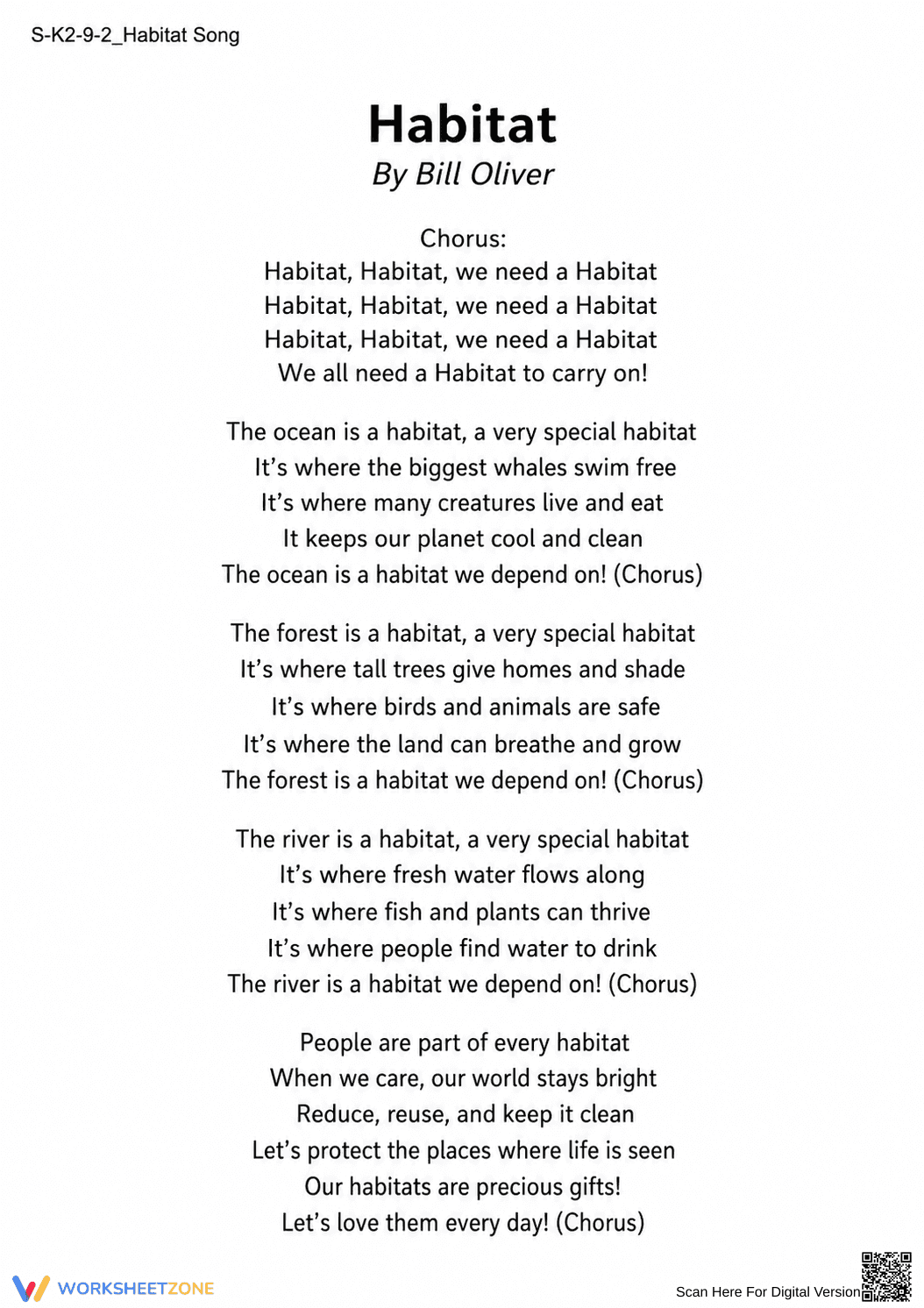 Printable Habitat Song Worksheet | Grade 1 Science - Page 1