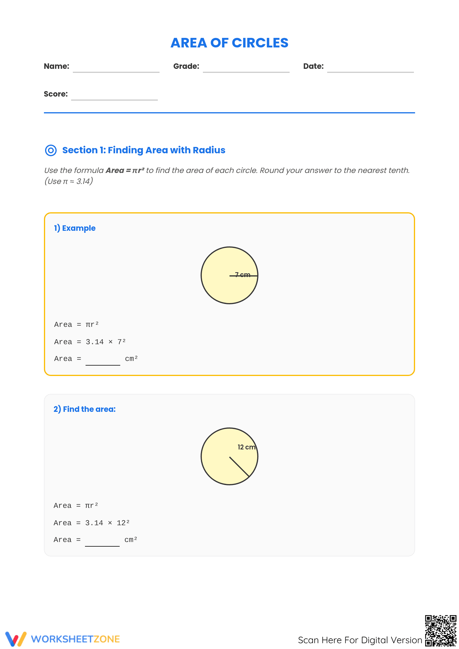 Area of Circles Worksheet | Grade 7 Math Printable - Page 1