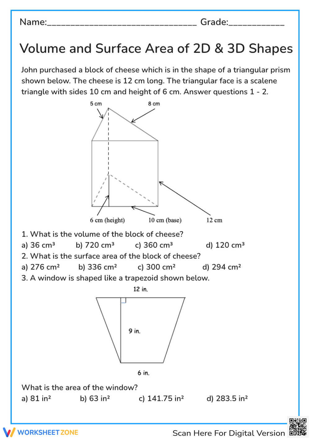 Grade 7 Volume & Area — Printable No-Prep Worksheet - Page 1