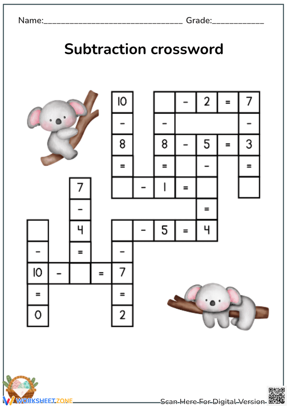 Subtraction Crossword Puzzle Worksheet - Page 1