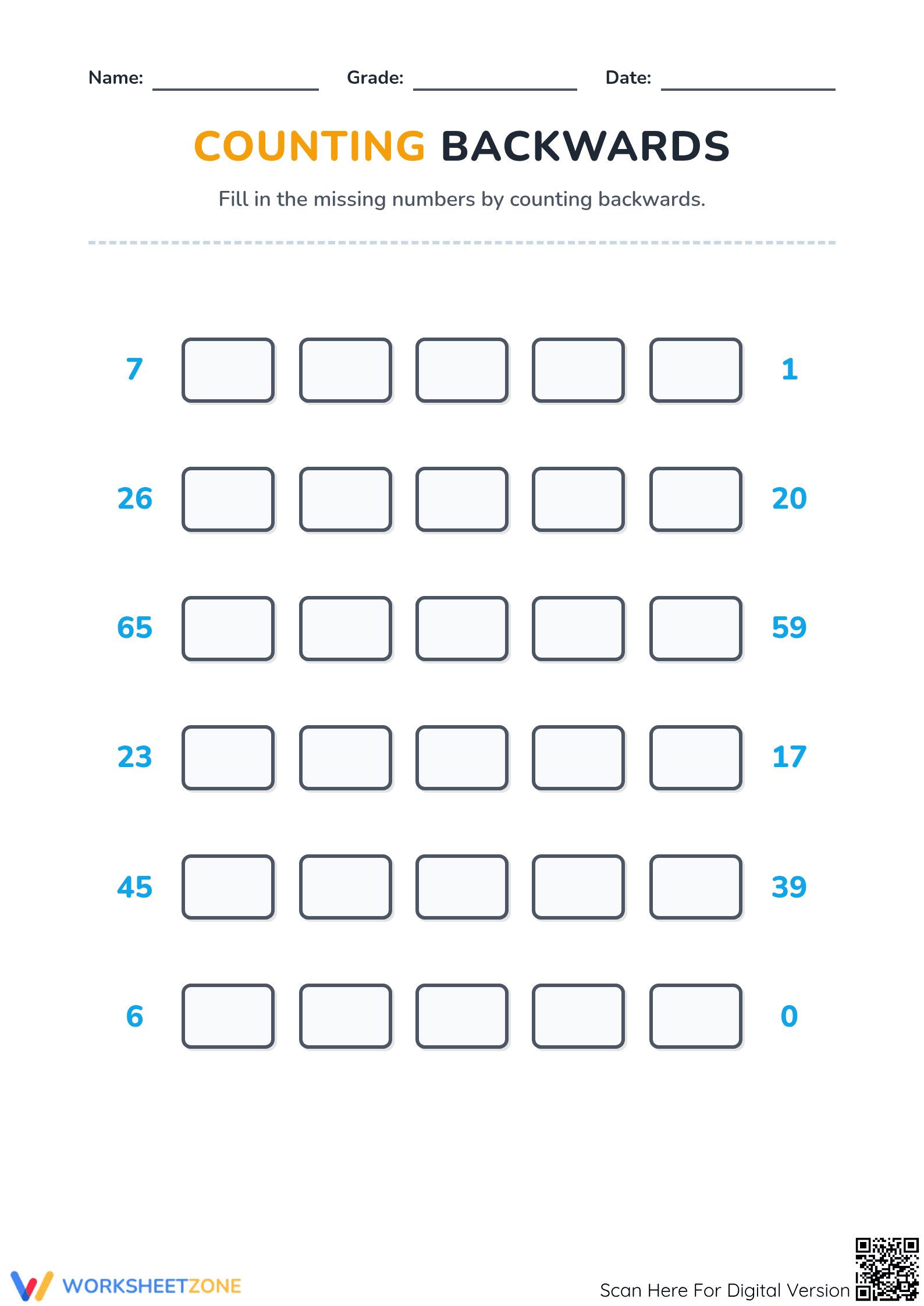 Counting Backwards 0-100 — Printable Grade 1 Math - Page 1