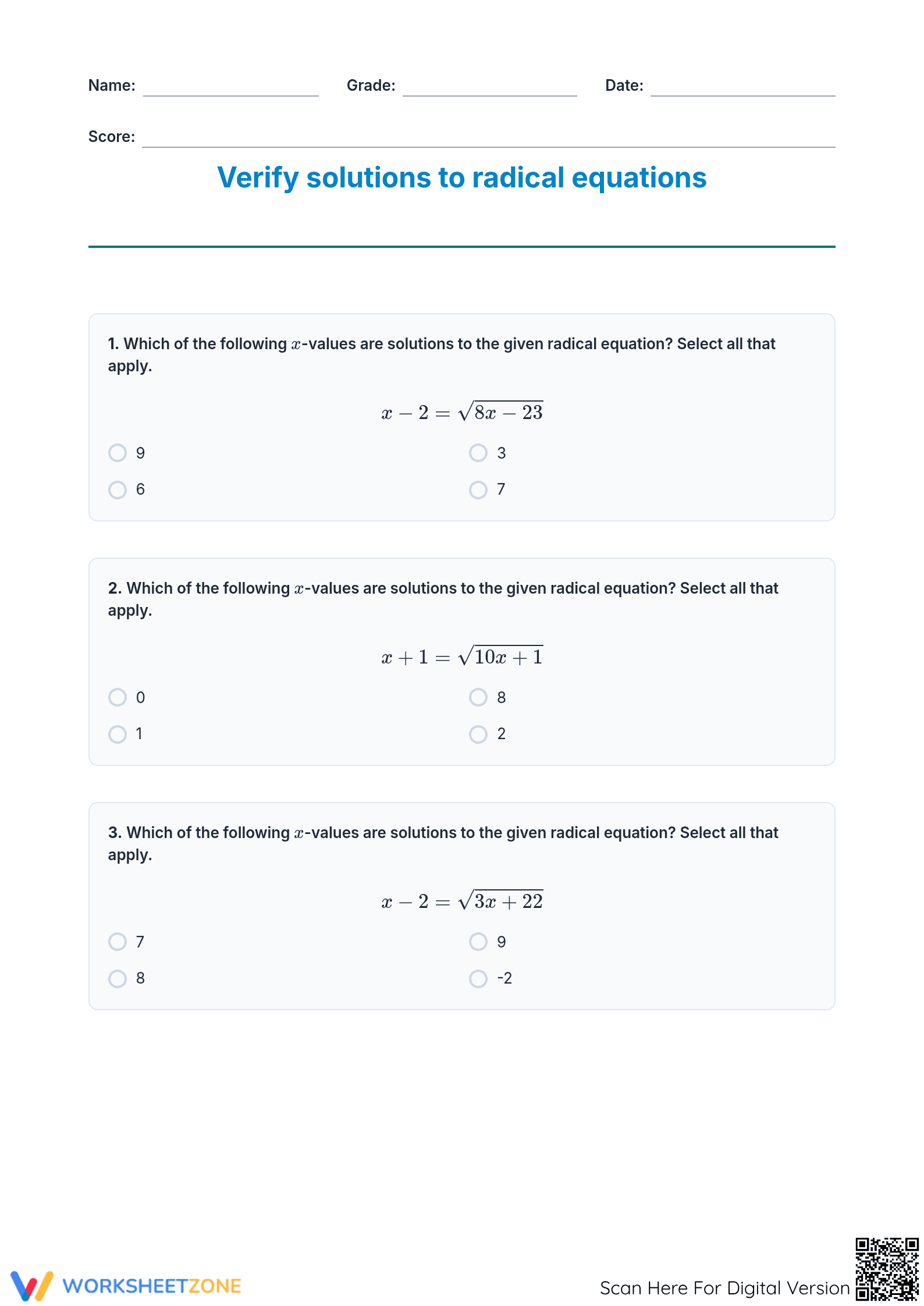 Essential Radical Equations Verification Worksheet | Grade 8 - Page 1