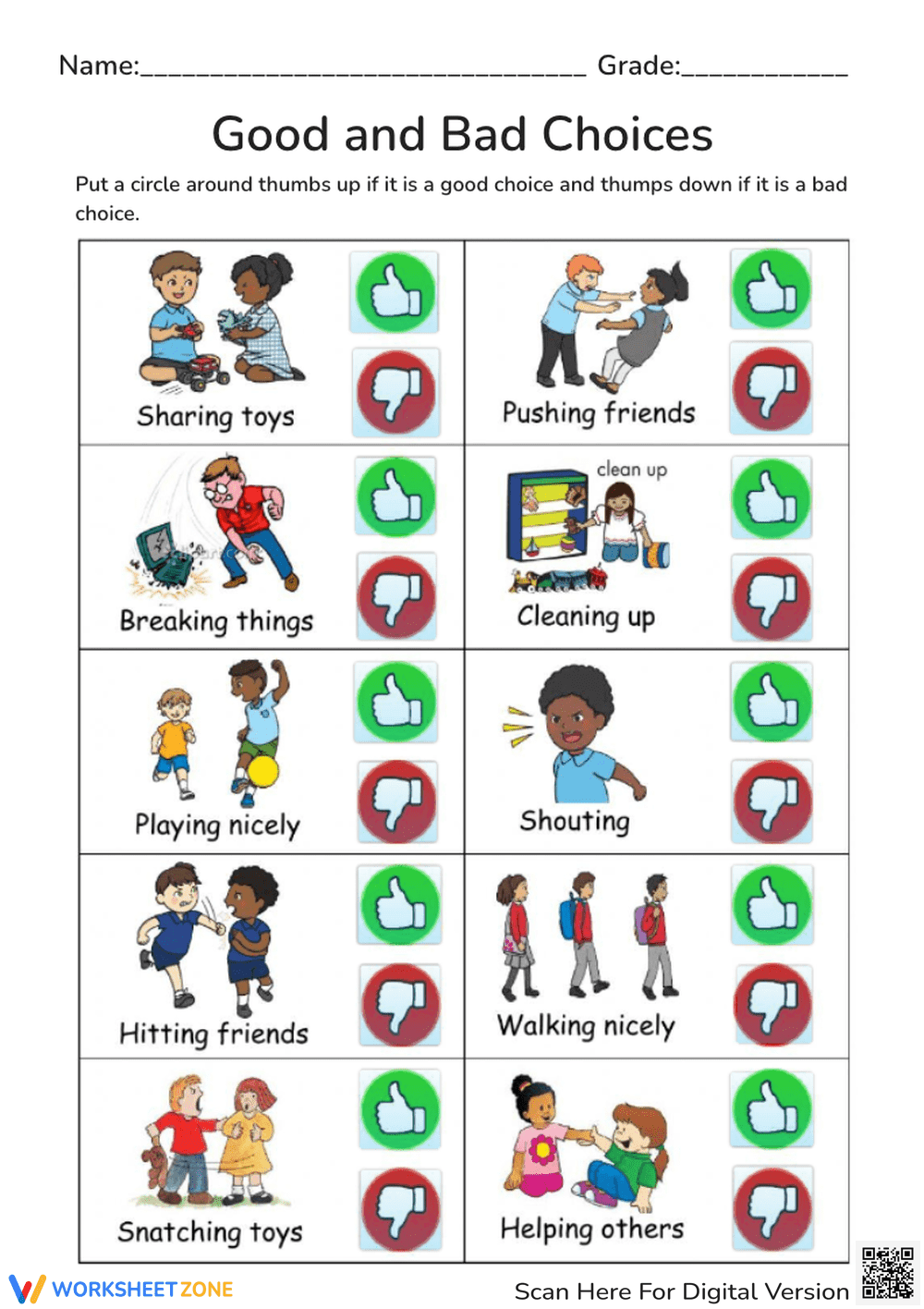 Good & Bad Choices Worksheet - Social Skills Activity for Kids - Page 1