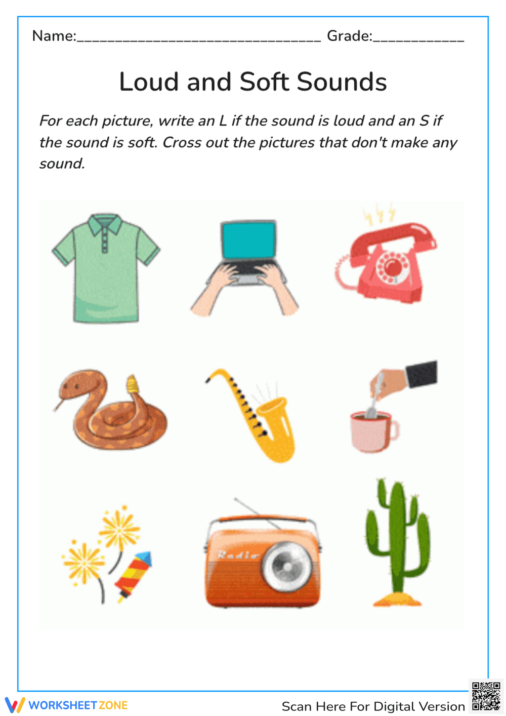 Loud & Soft Sounds Worksheet - Kindergarten Sound Recognition Activity - Page 1