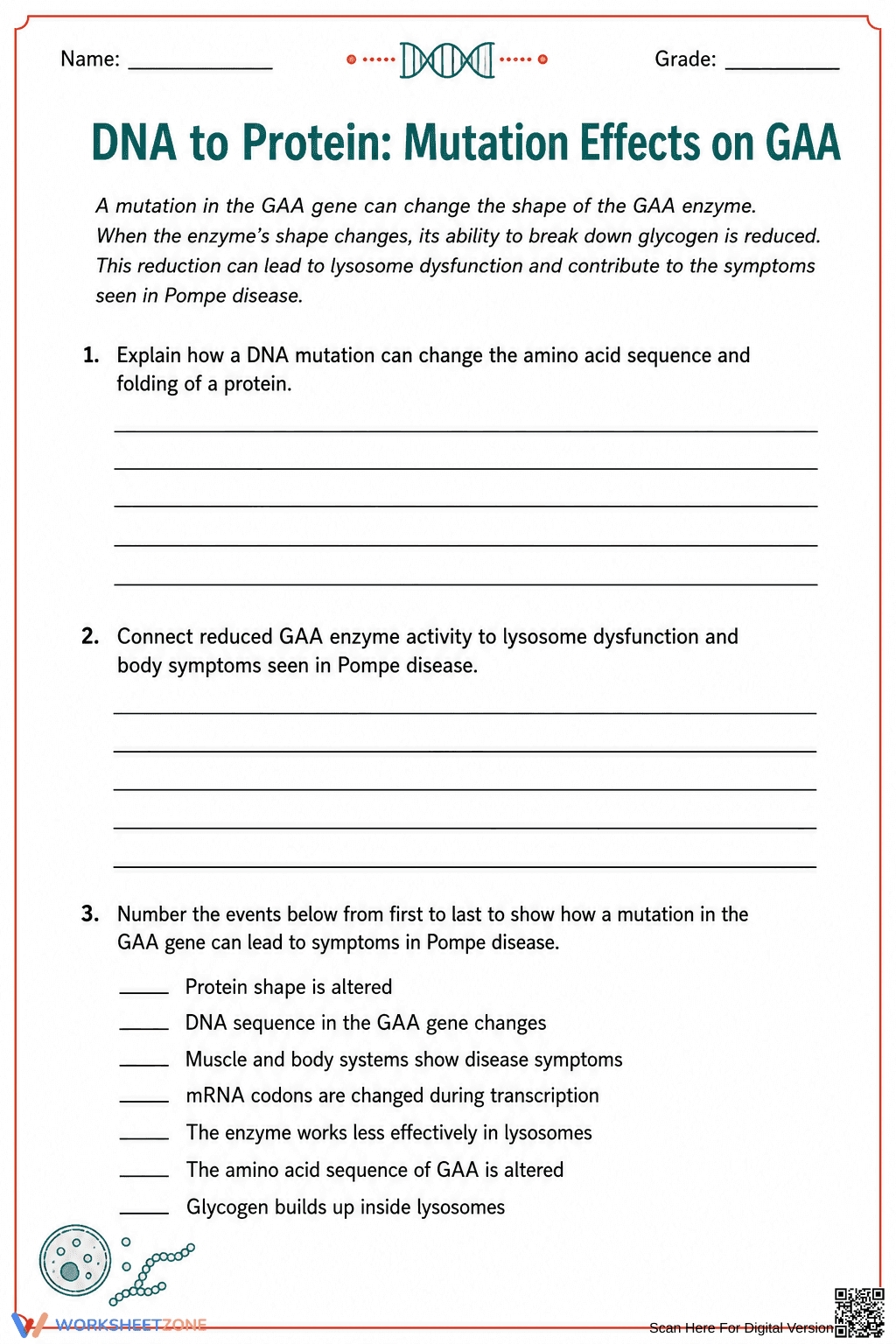 Printable DNA to Protein Worksheet | Grade 10-12 Science - Page 1