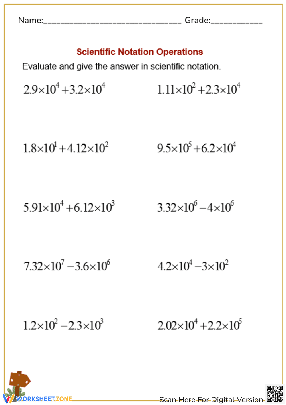 Scientific Notation Operations: Add & Subtract (Grades 7-9) - Page 1