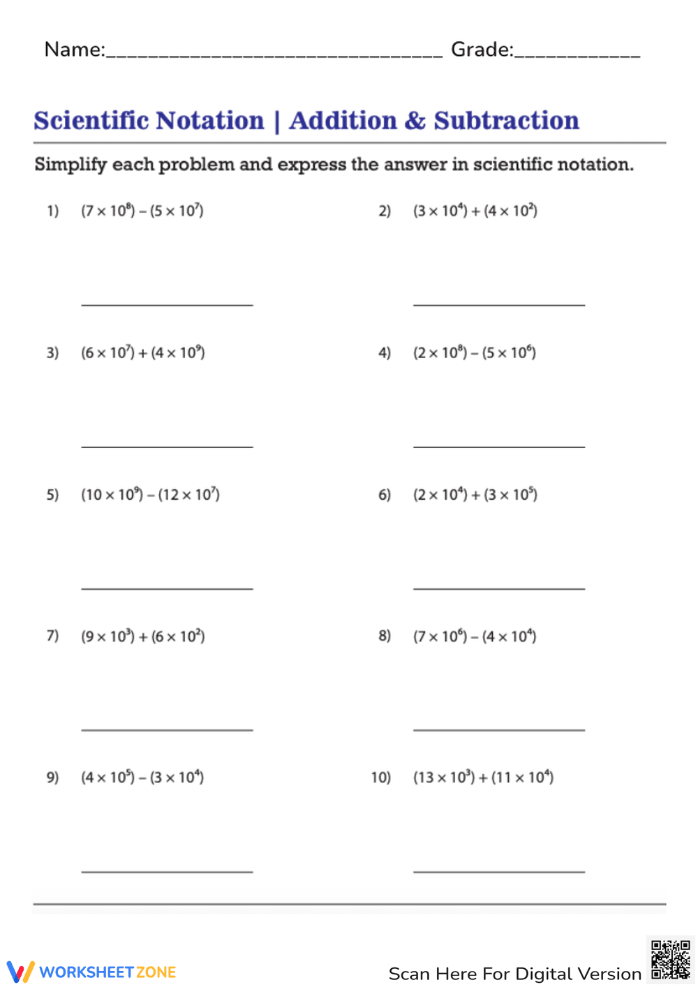 Scientific Notation: Addition & Subtraction - Page 1