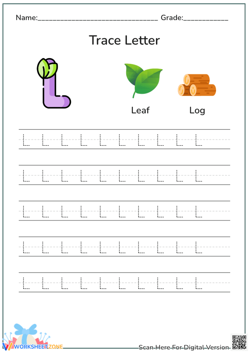 Letter L Tracing Worksheet - Leaf & Log Handwriting Practice - Page 1