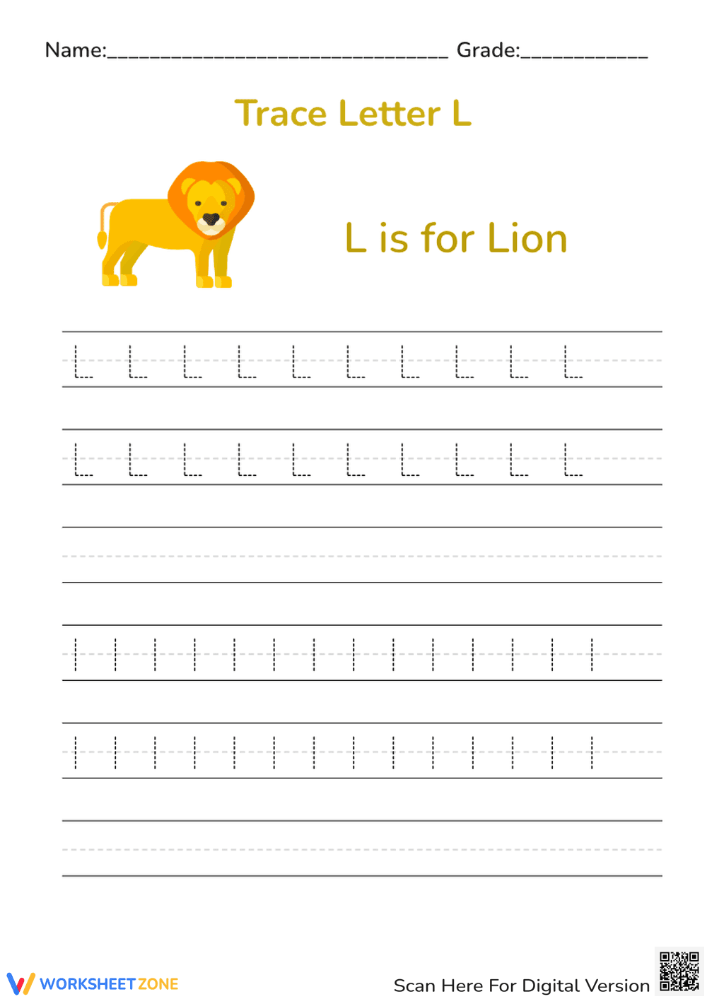 L is for Lion! Trace Letter L - Handwriting Practice Sheet - Page 1