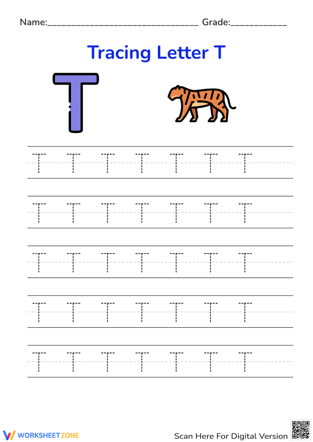 Letter T is for Tiger! Handwriting Practice Worksheet - Page 1