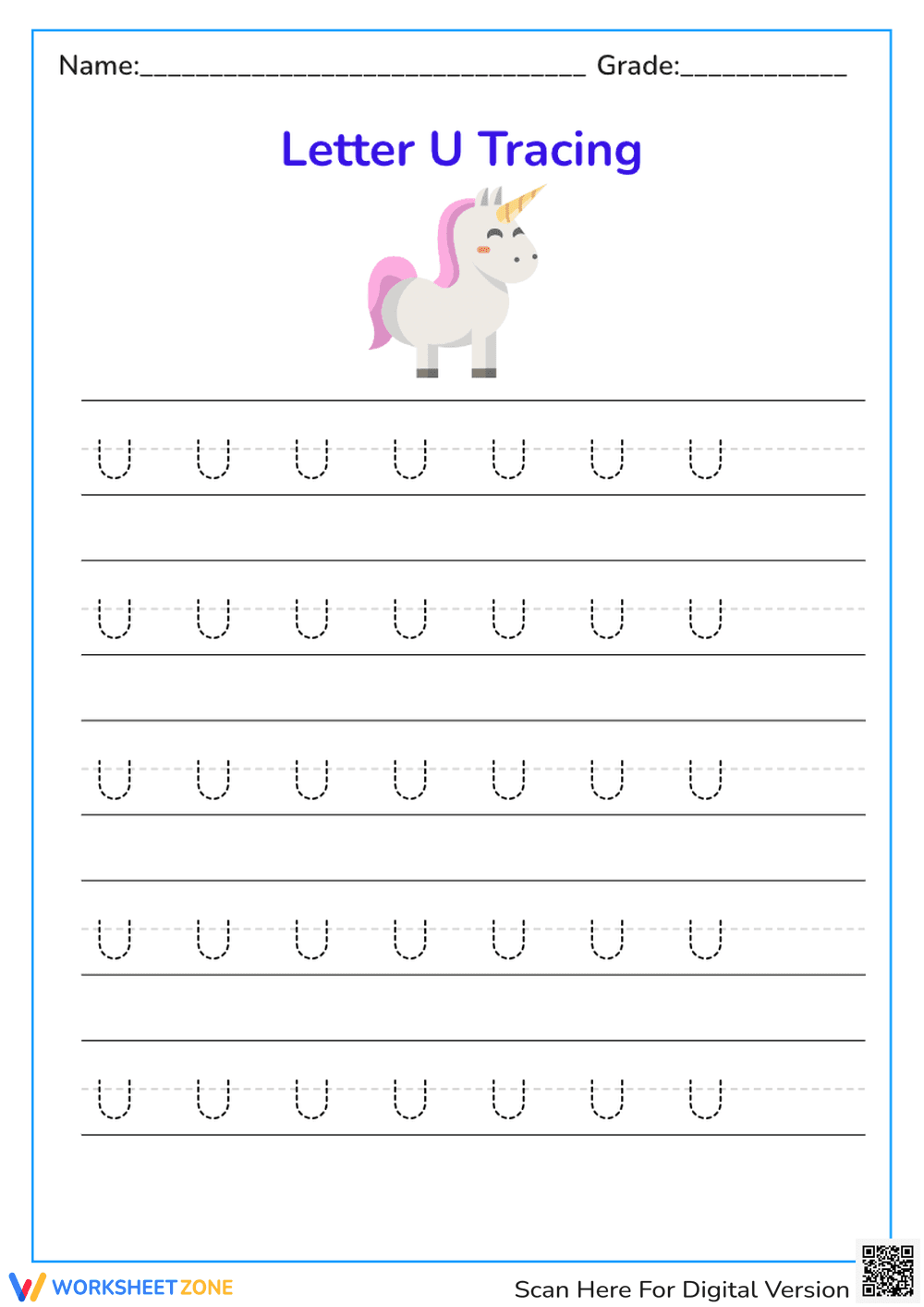 Unicorn Letter U Tracing Worksheet - Preschool & Kindergarten Fun - Page 1