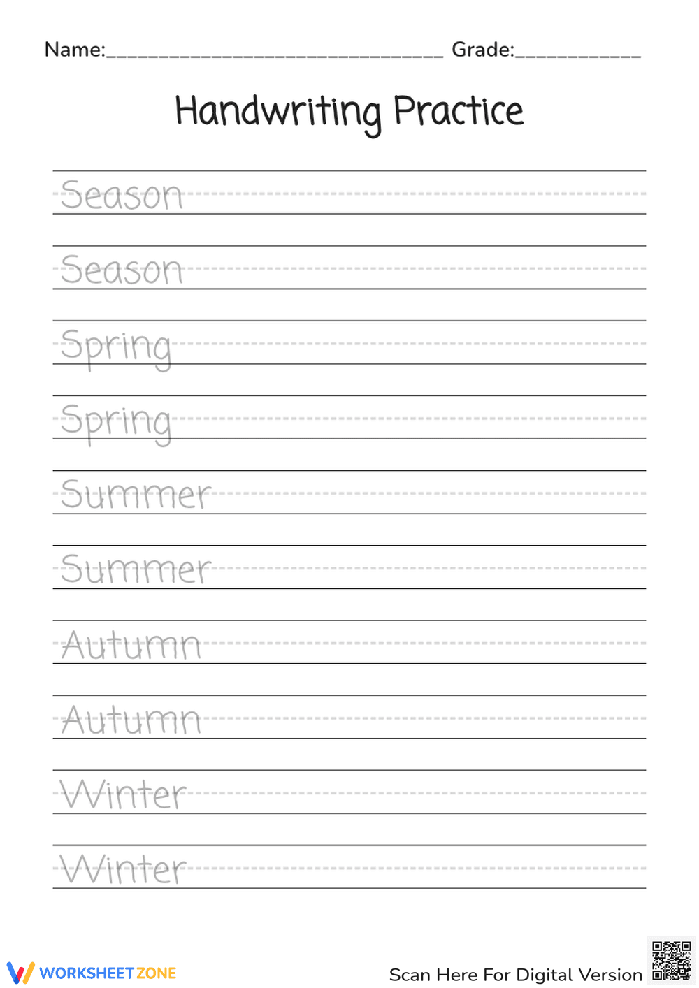 Grade 1-2 Seasons Handwriting — Printable Worksheet - Page 1