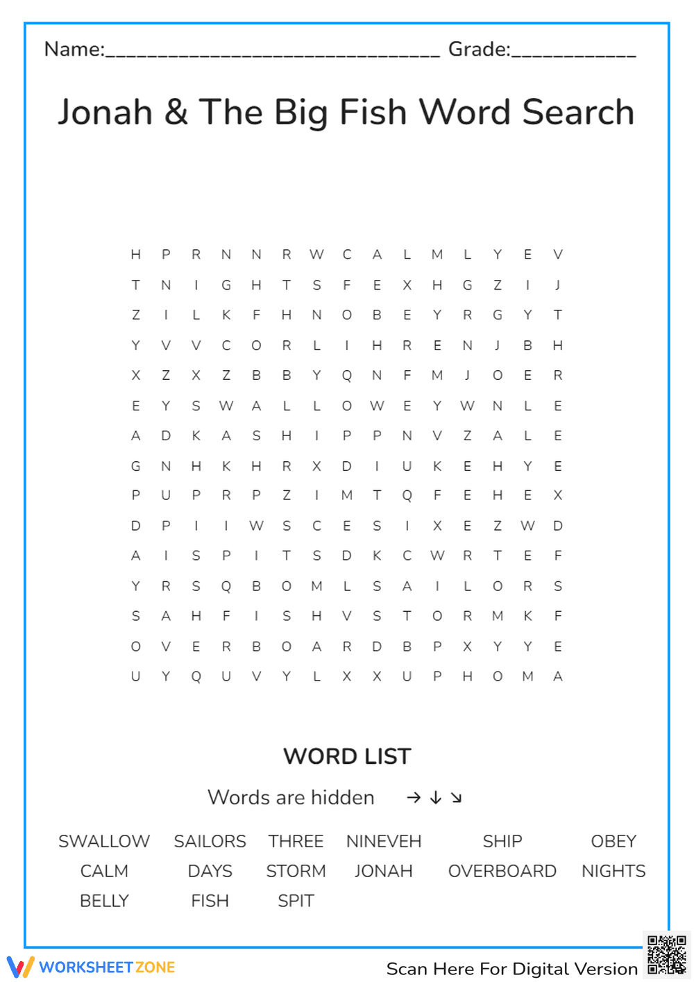 Jonah & The Big Fish Word Search - Page 1