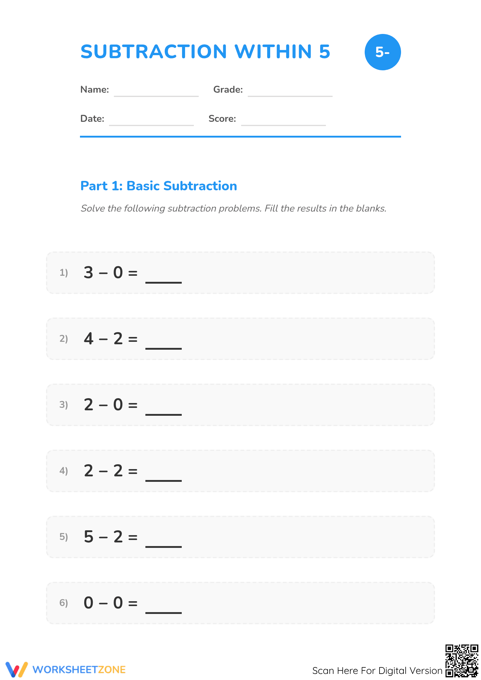 Subtraction Within 5 Worksheet | Grade K Math Printable - Page 1