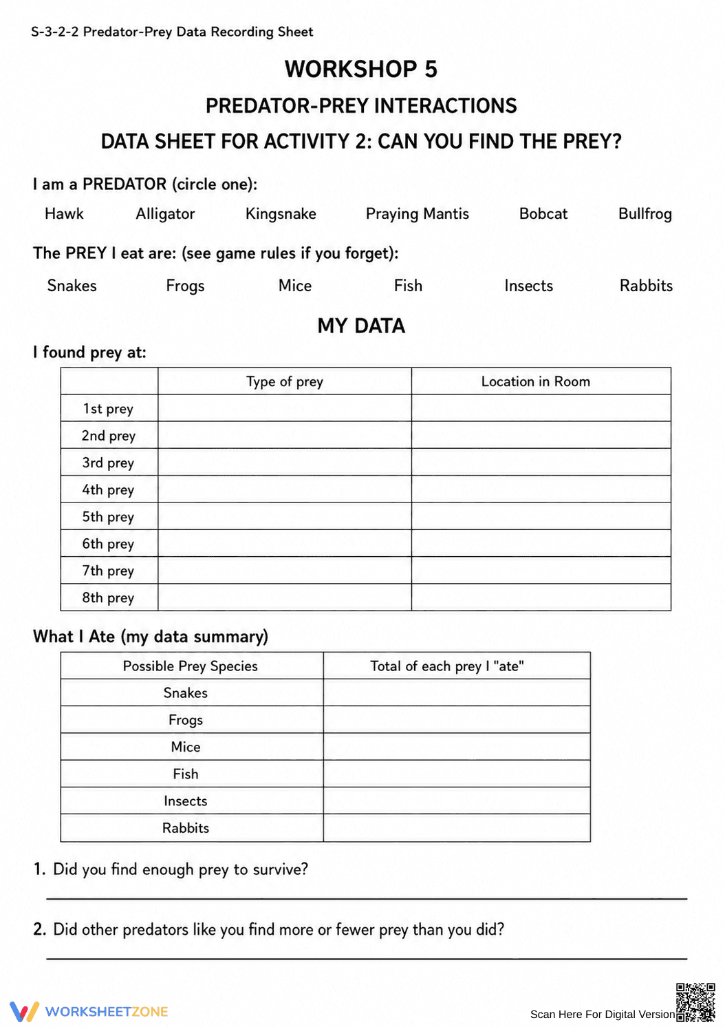 S-3-2-2 Worksheet: Predator Prey Data — Grade 3 Aligned - Page 1