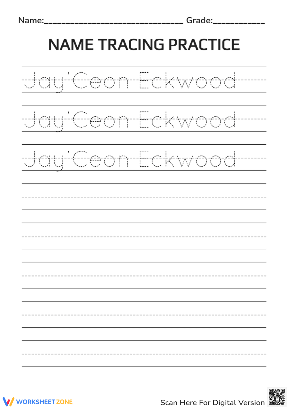 Name Tracing Practice for Jay’Ceon Eckwood - Page 1