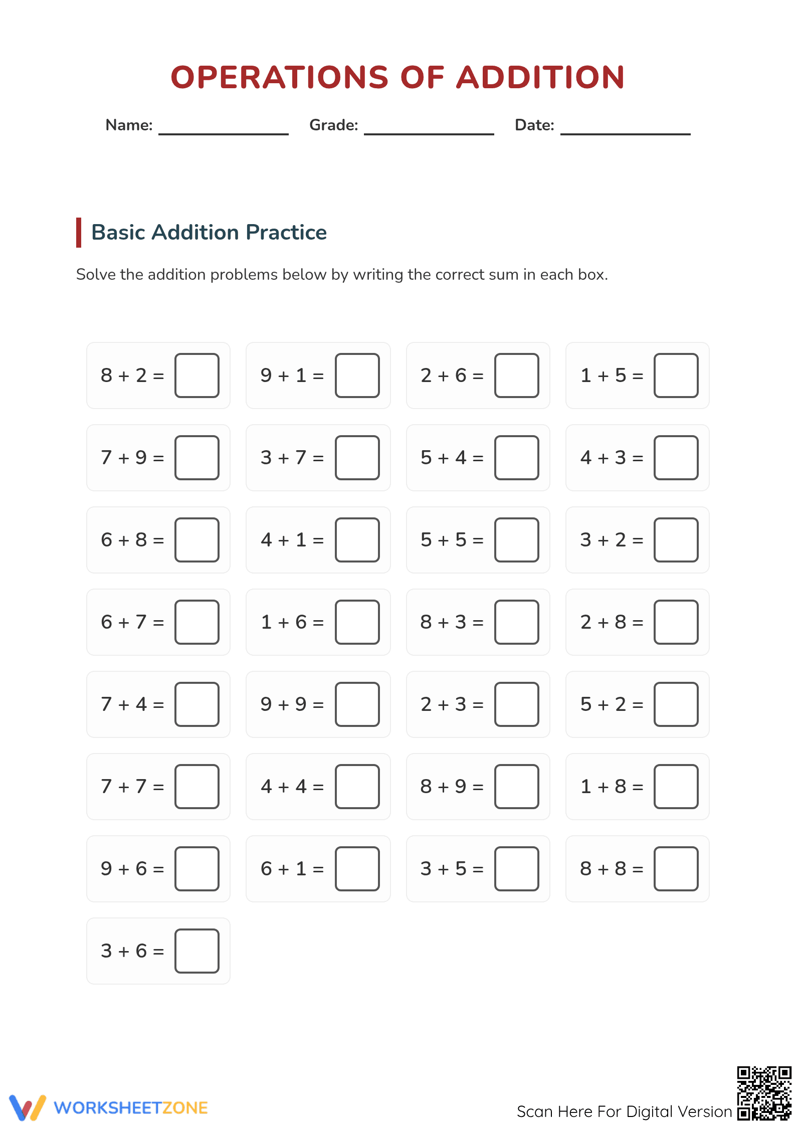 Essential Addition Within 20 Worksheet | Grade 1 Math - Page 1