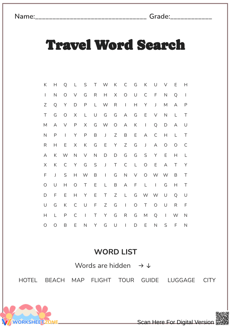 Printable Travel Word Search Worksheet for Grades 6-7 - Page 1