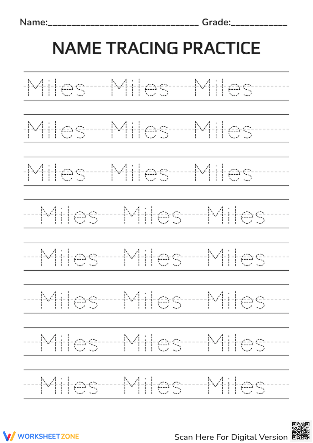 "Miles" Name Tracing Worksheet | Grade K-1 Printable - Page 1