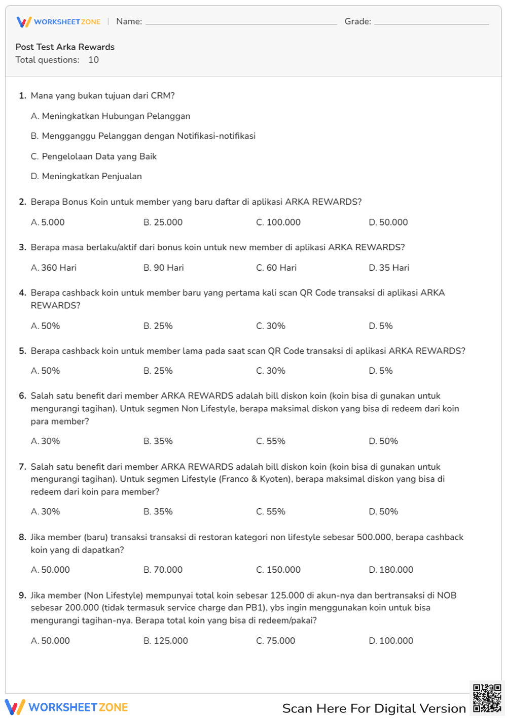 Arka Rewards CRM Post-Test | Essential College Worksheet - Page 1