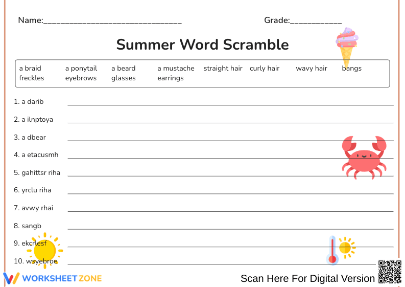 Word Scramble on Hairstyles & Accessories - Page 1