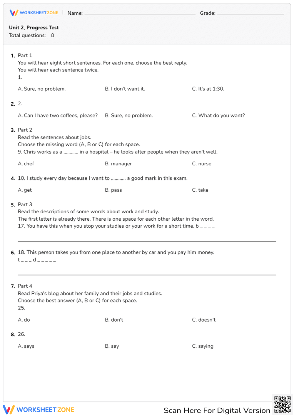 Unit 2 Progress Test | Essential College ESL Worksheet - Page 1