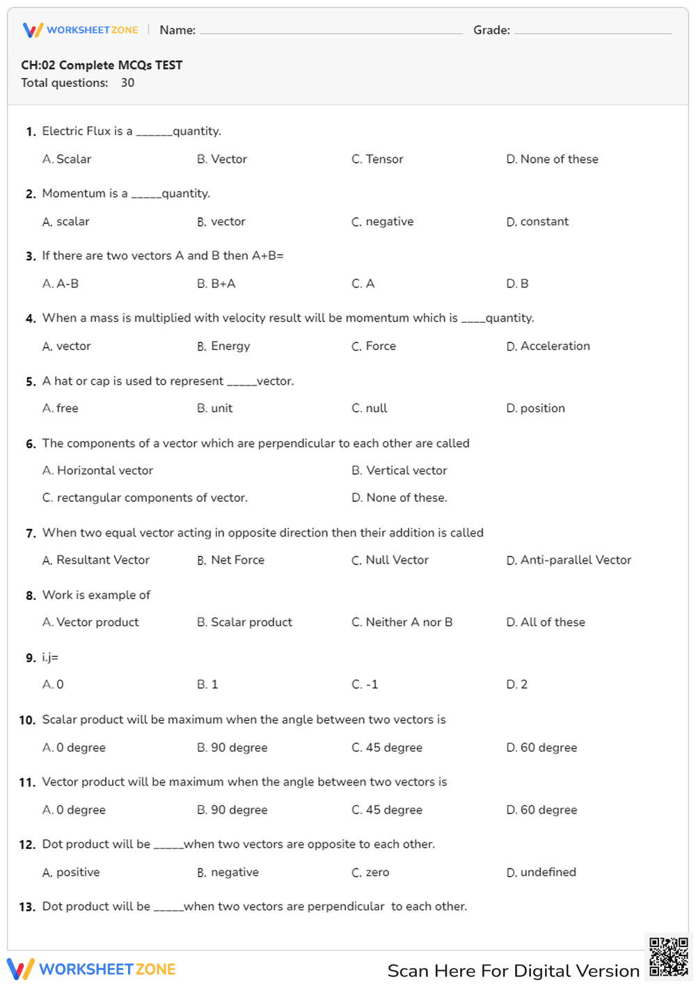 Grade 11 Physics: Essential Vectors & Motion Test - Page 1