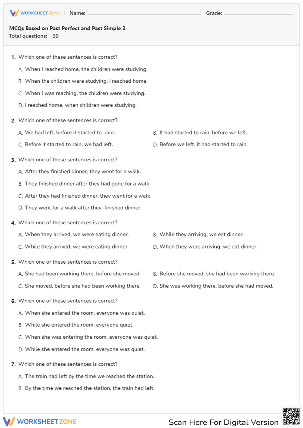 Past Perfect vs Past Simple Worksheet | Essential Grammar - Page 1
