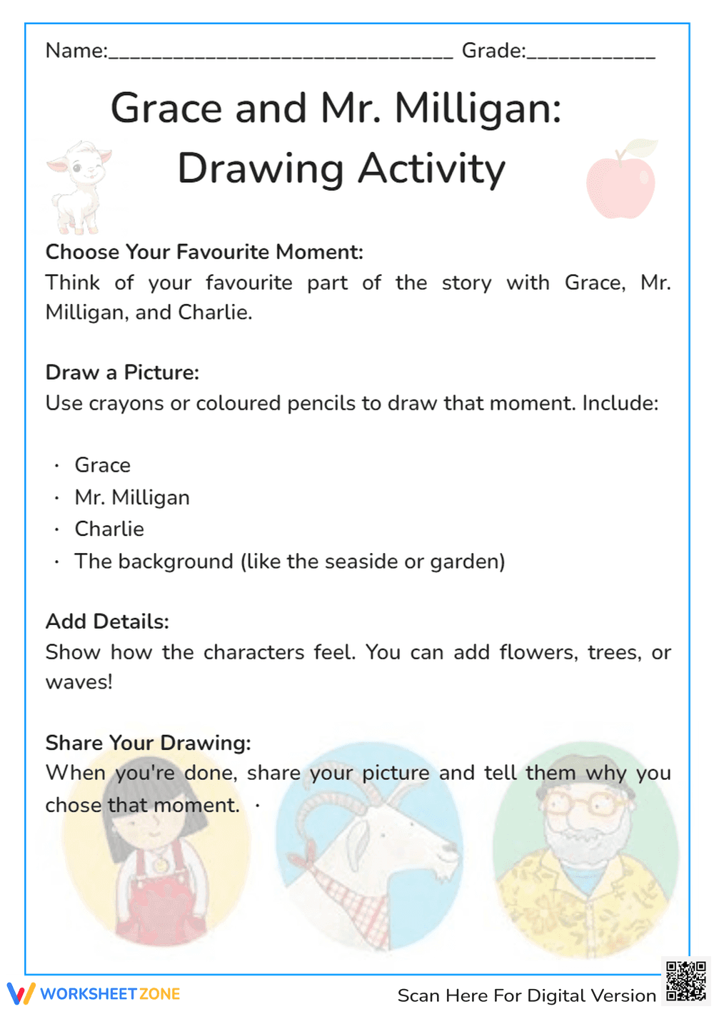 Grade 1 Grace and Mr. Milligan Drawing — Ready Worksheet - Page 1