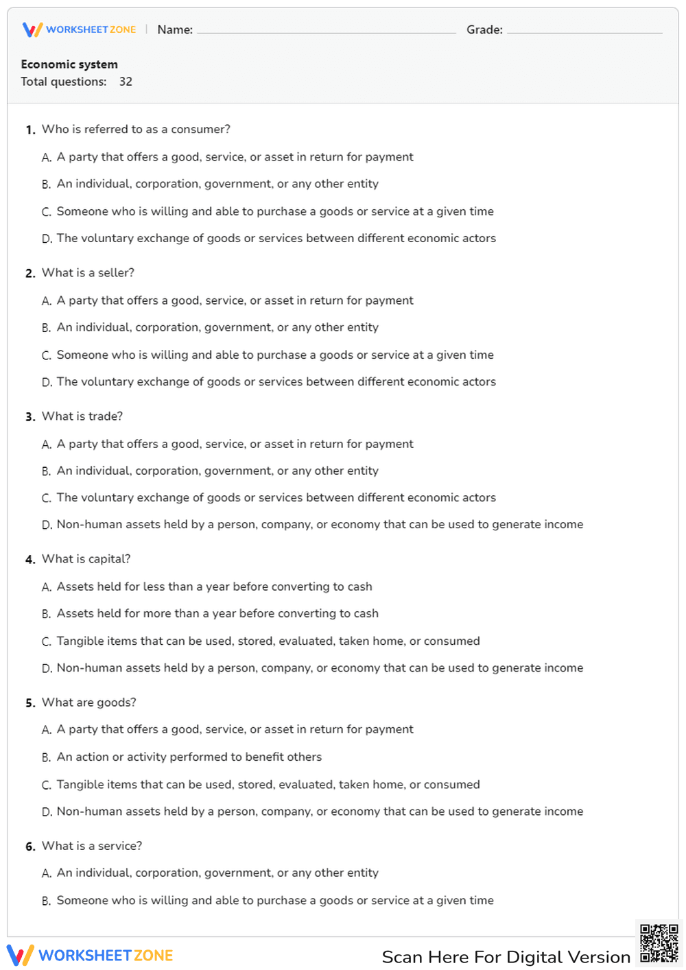Economic Systems Quiz | Grade 9 Essential Worksheet - Page 1