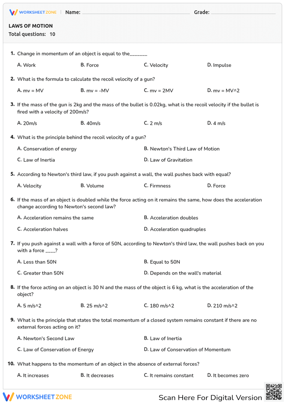Grade 9 Laws of Motion — Printable No-Prep Worksheet - Page 1