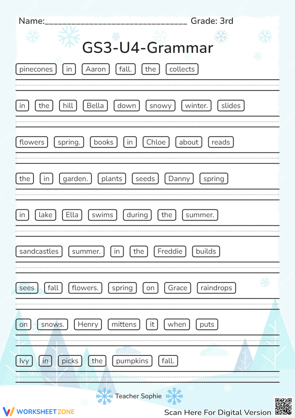 Grade 3 Sentence Scramble — Printable No-Prep Worksheet - Page 1