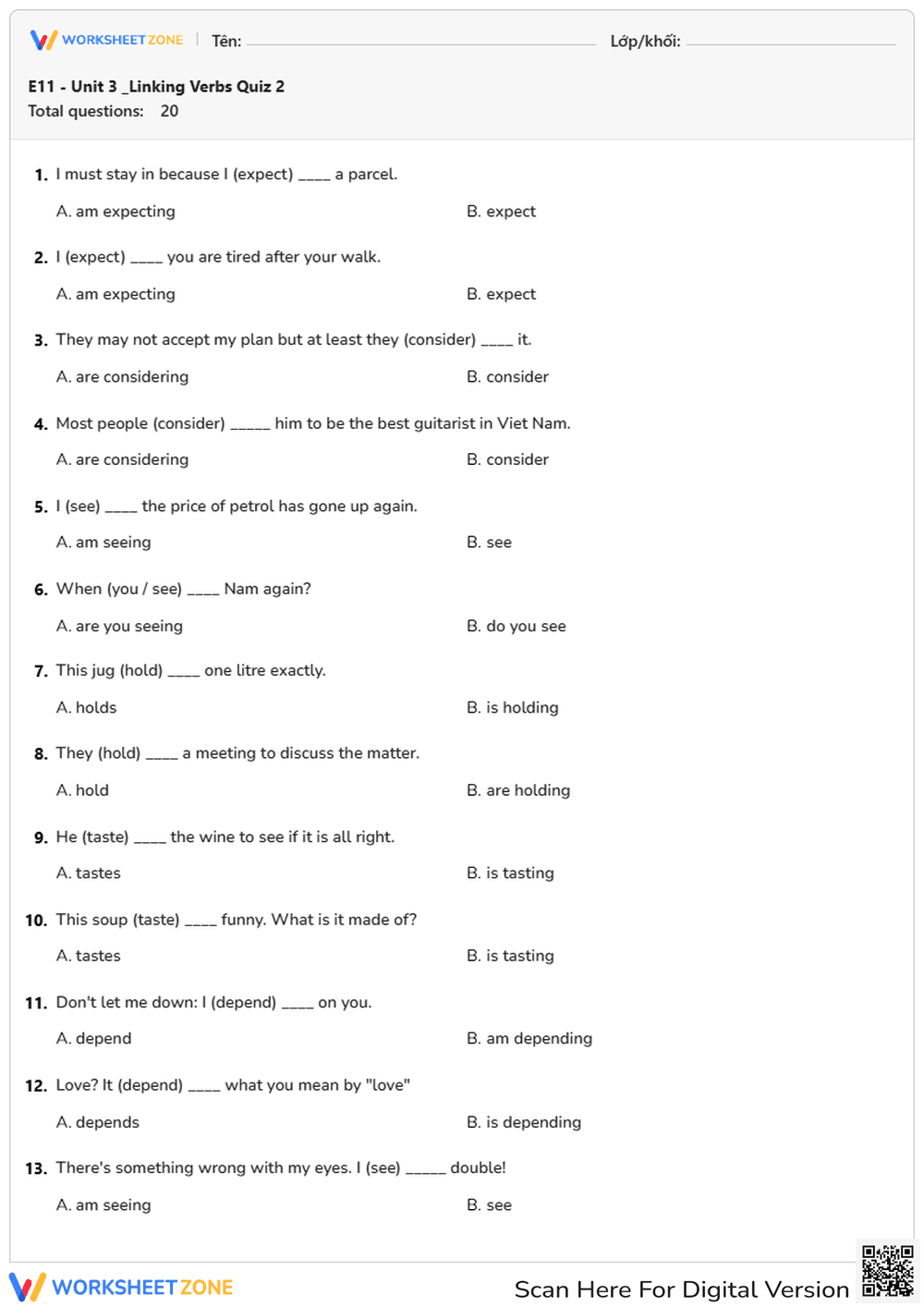 Grade 11 Linking Verbs Quiz | Essential Grammar Practice - Page 1