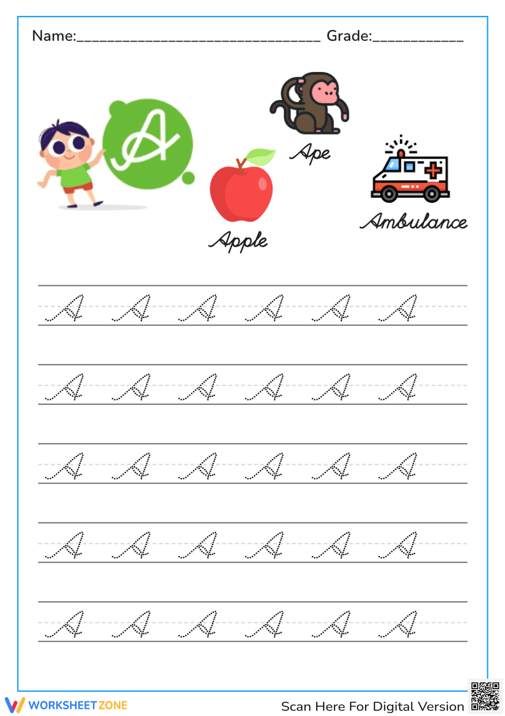 Cursive Fun: Uppercase Letter A Tracing - Page 1