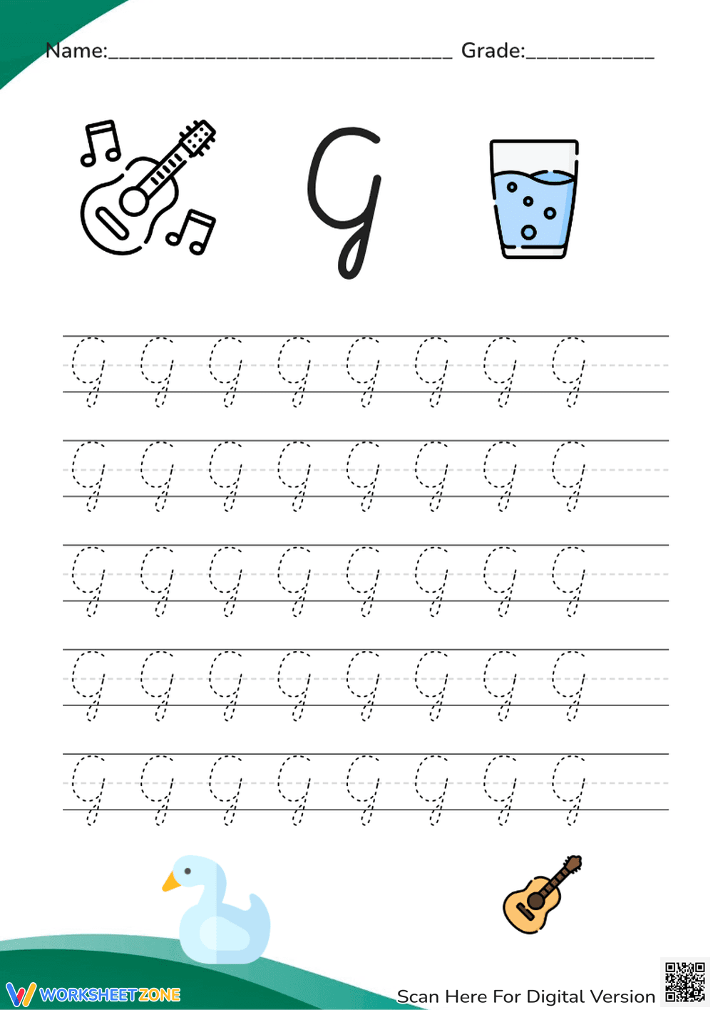 Cursive G Practice with Guitar and Glass Theme - Page 1