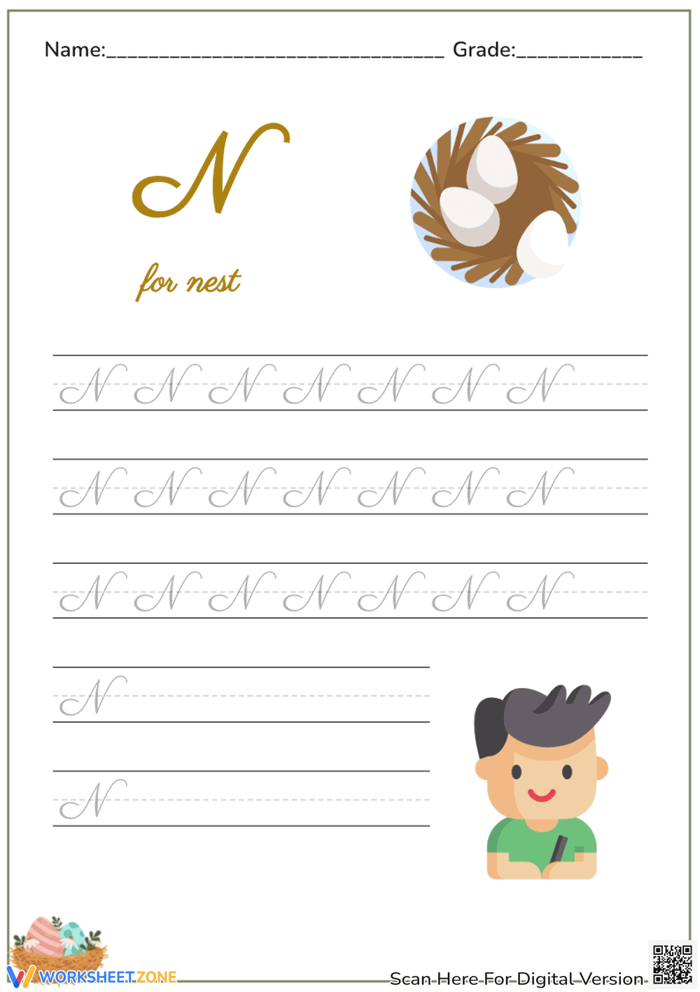 Cursive Letter N Worksheet | Grade 2 Essential Practice - Page 1