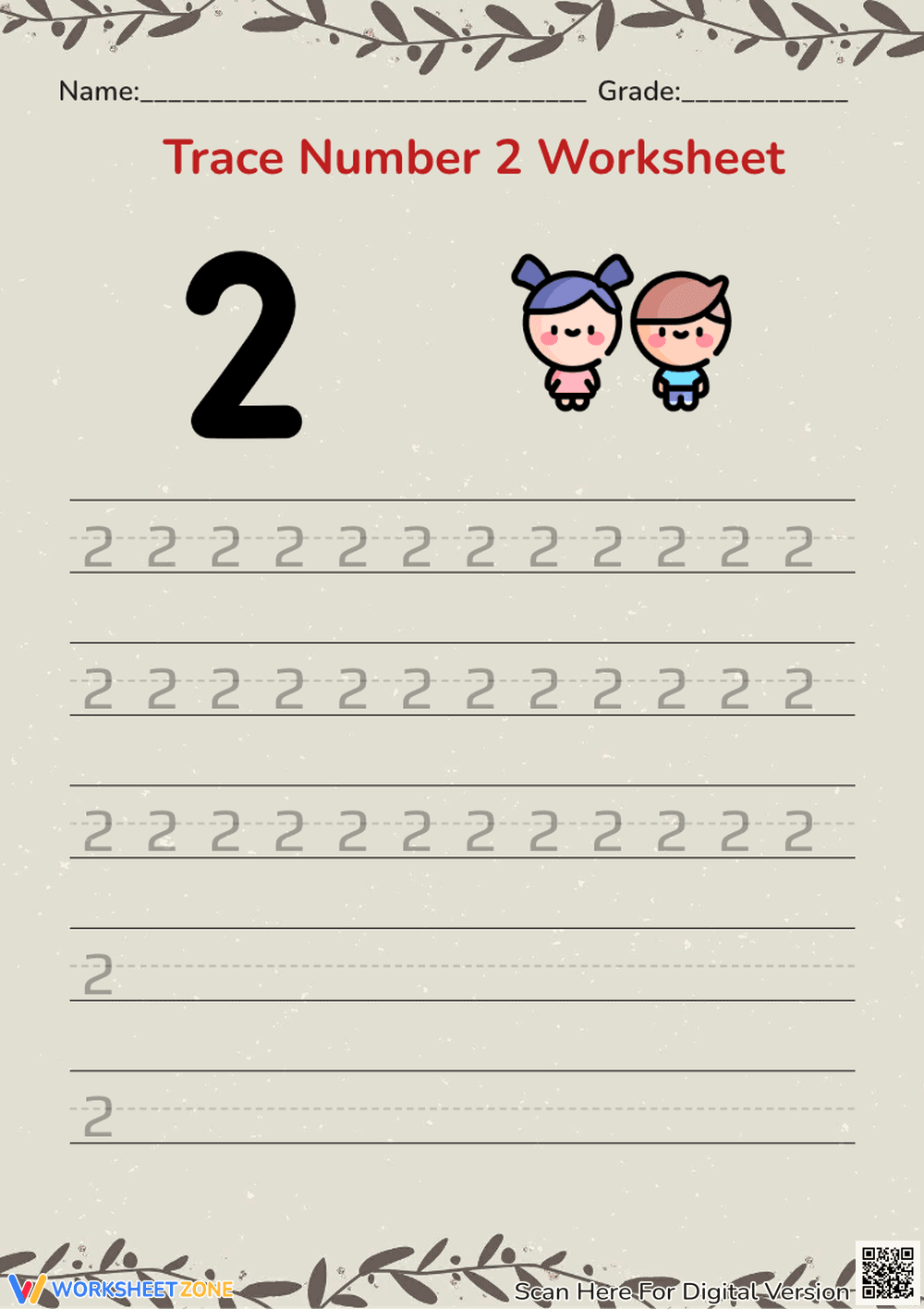 Printable Number 2 Tracing Worksheet | Kindergarten - Page 1