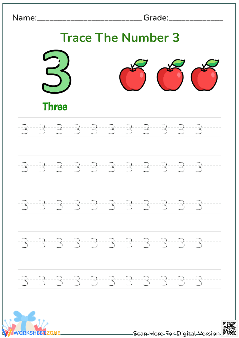 Number 3 Tracing Worksheet | Essential Grade K Practice - Page 1