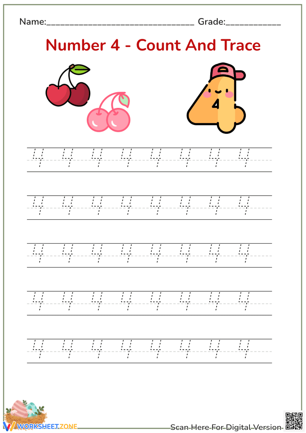 Number 4 Tracing Worksheet | Essential Kindergarten Math - Page 1