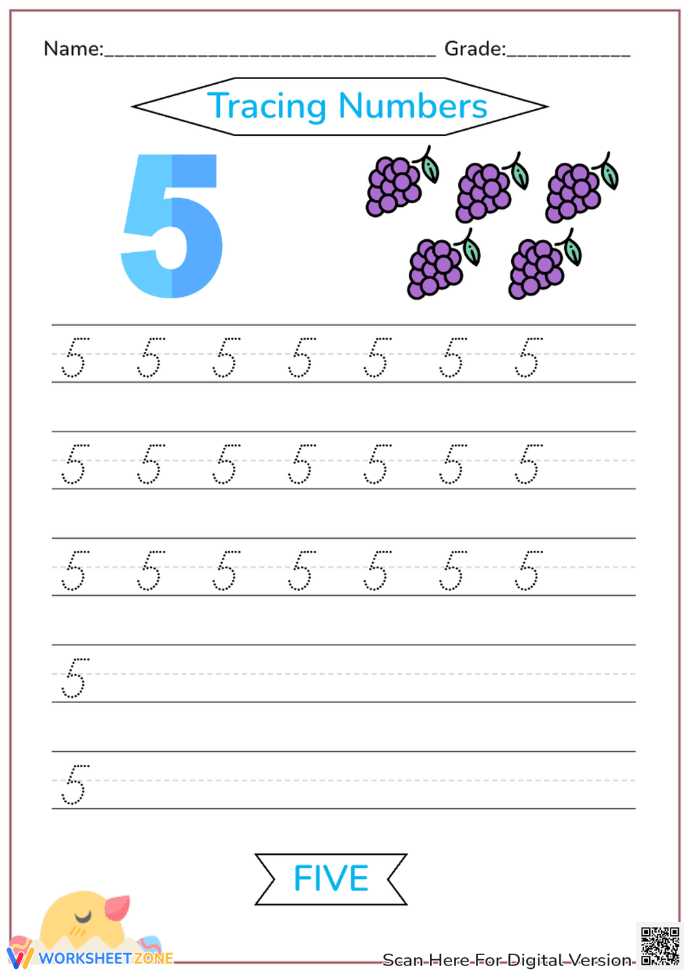 Number 5 Tracing Worksheet with Grape Counting - Page 1