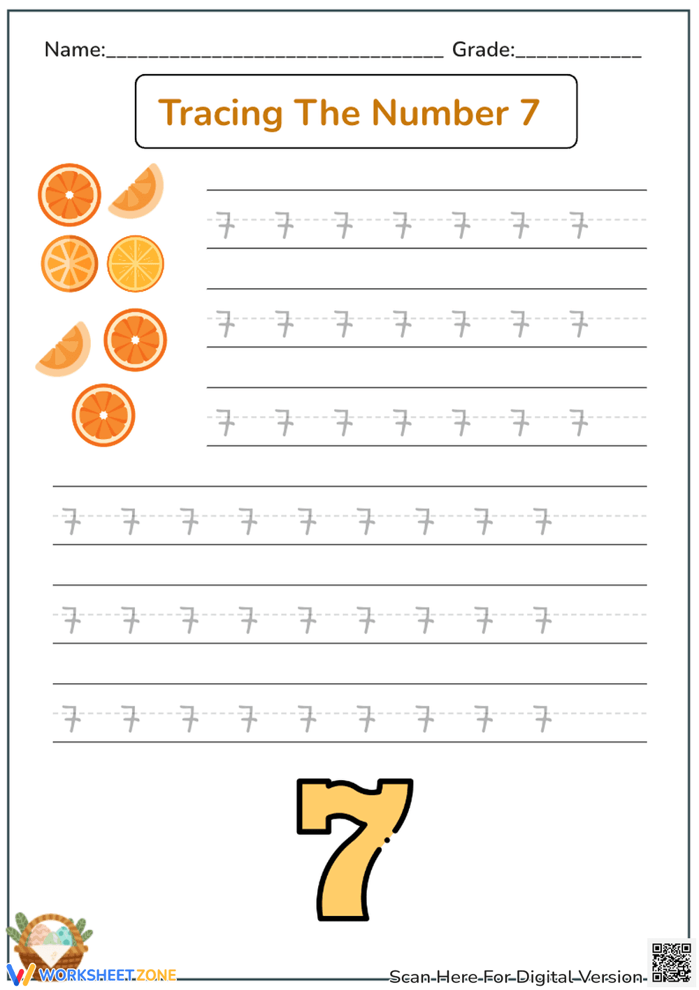 Number 7 Tracing Worksheet | Essential Preschool Ready - Page 1