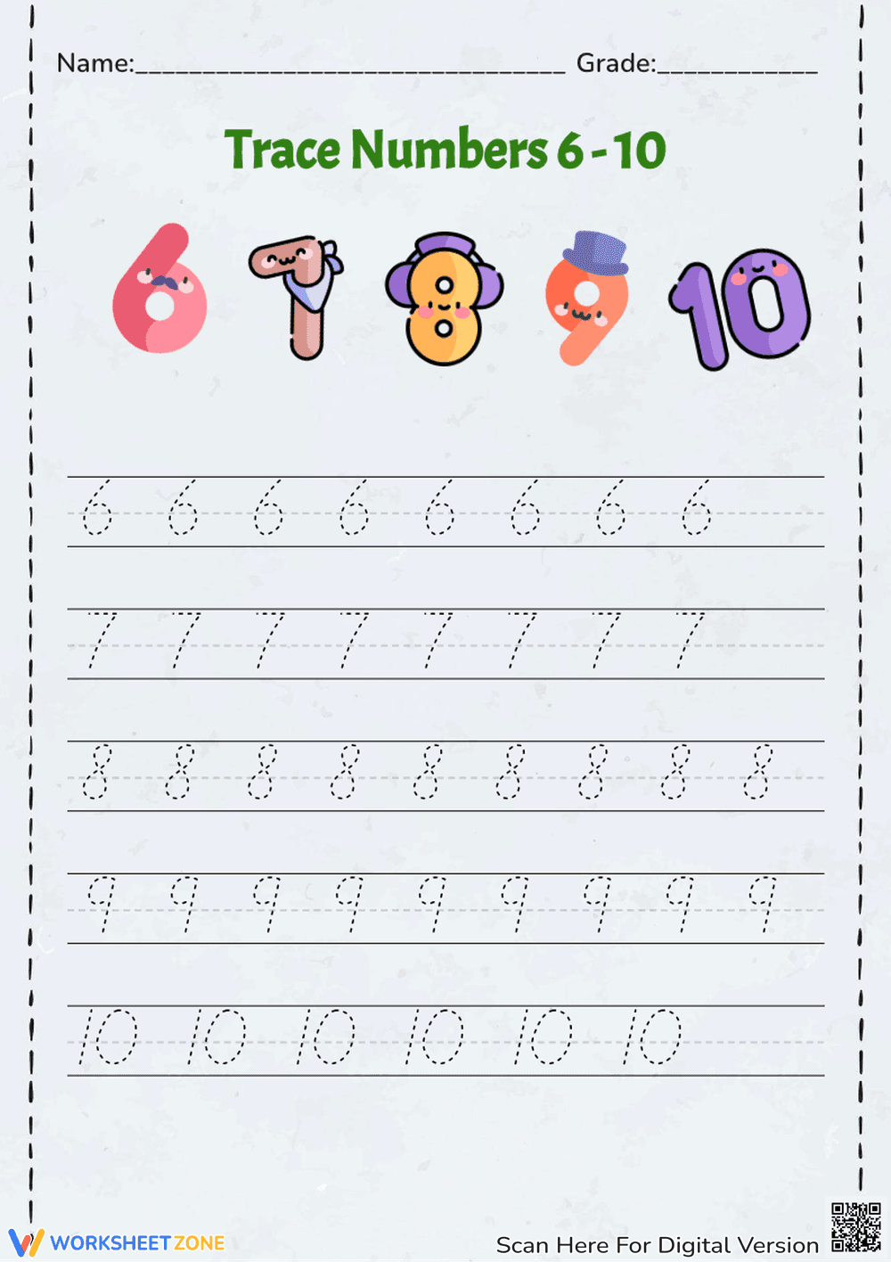 Grade K-1 Numbers 6-10 — Printable No-Prep Worksheet - Page 1
