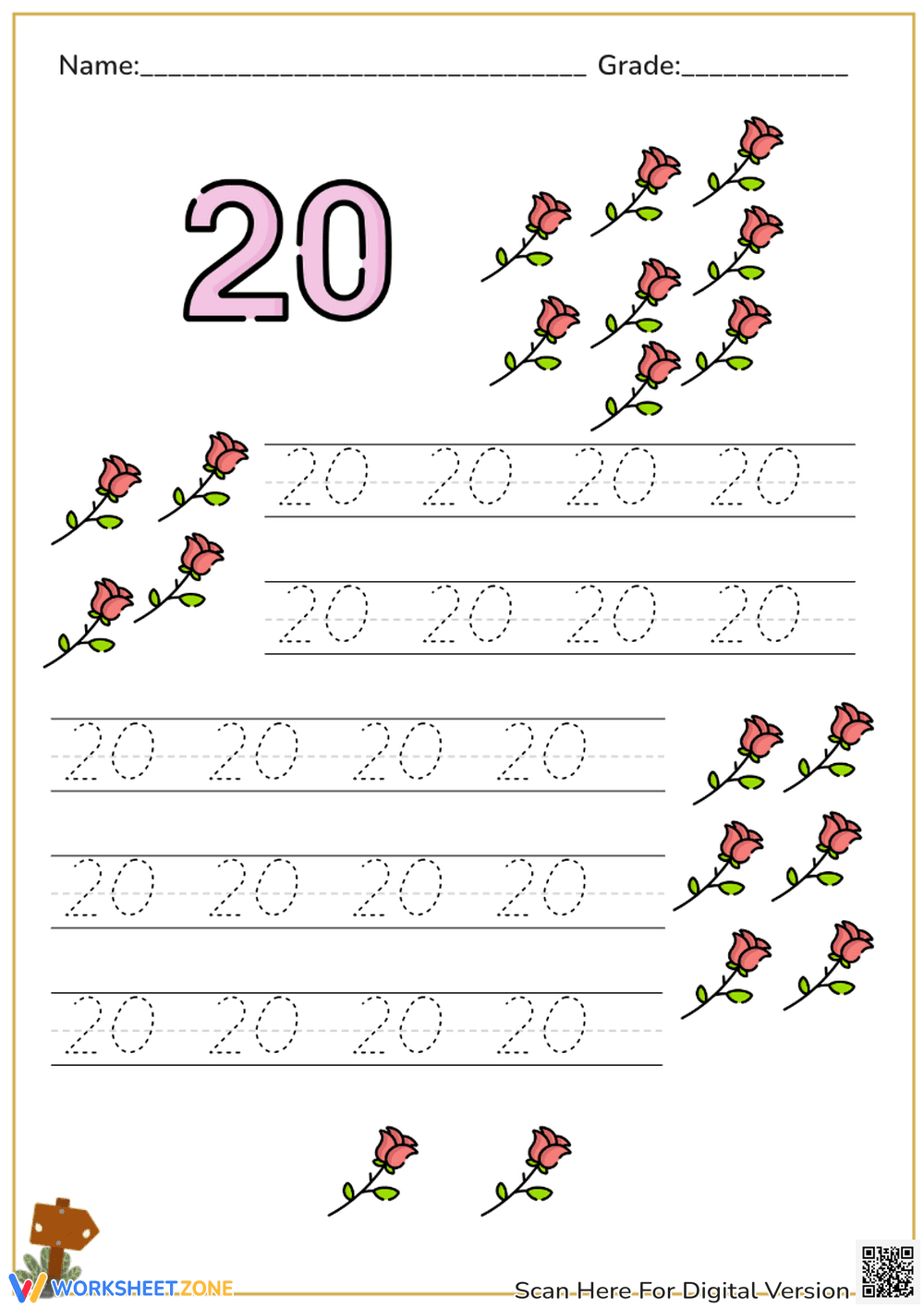 Number 20 Tracing Worksheet - Preschool & Kindergarten Math Fun - Page 1