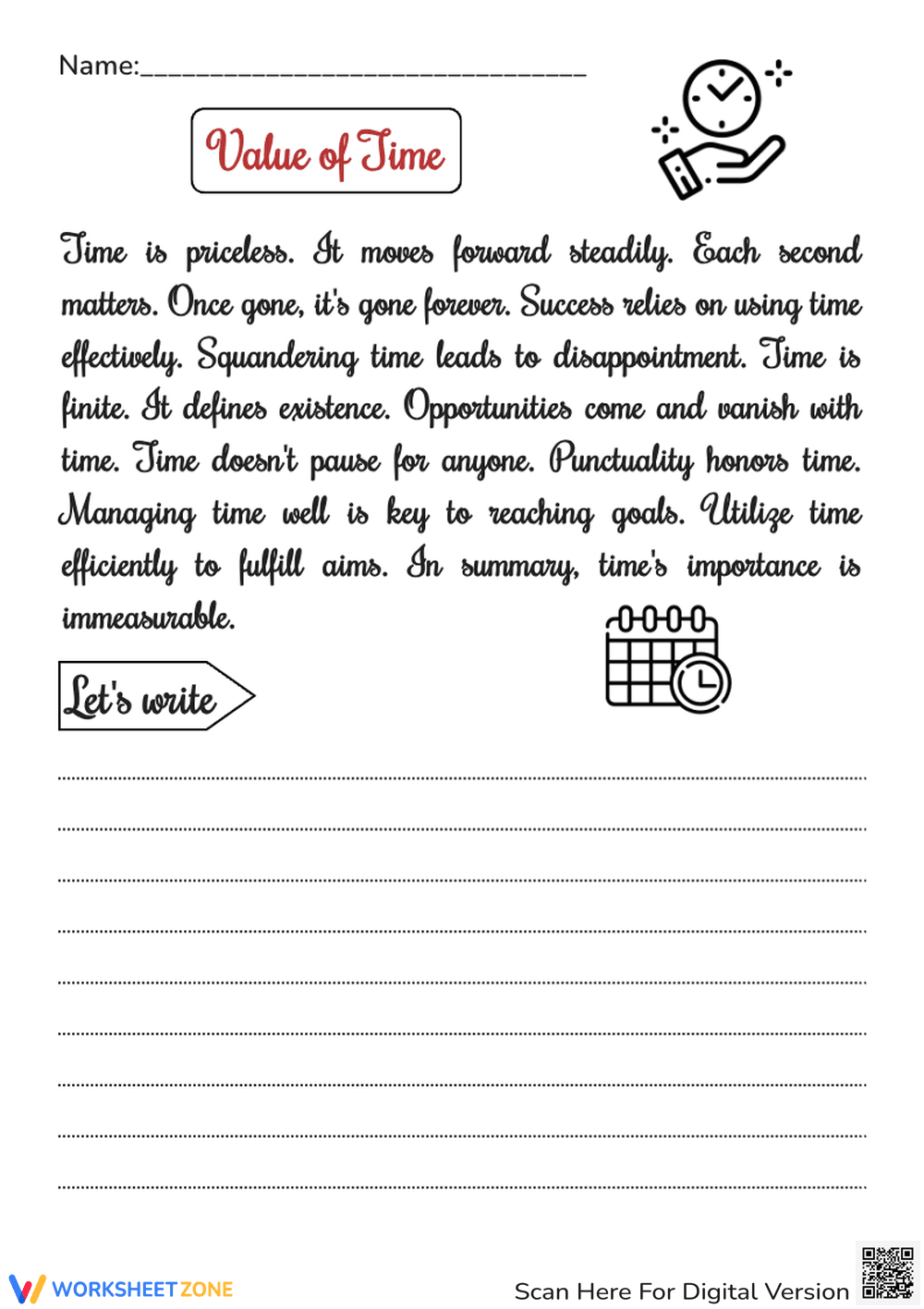 Value of Time Paragraph Writing - Adult ESL Practice - Page 1