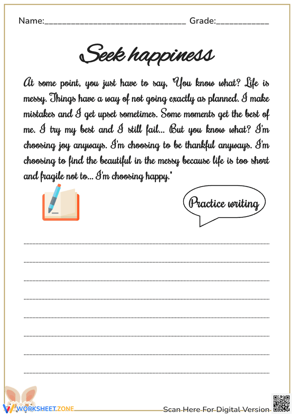 Seek Happiness Cursive Handwriting Practice - Grades 3-5 - Page 1